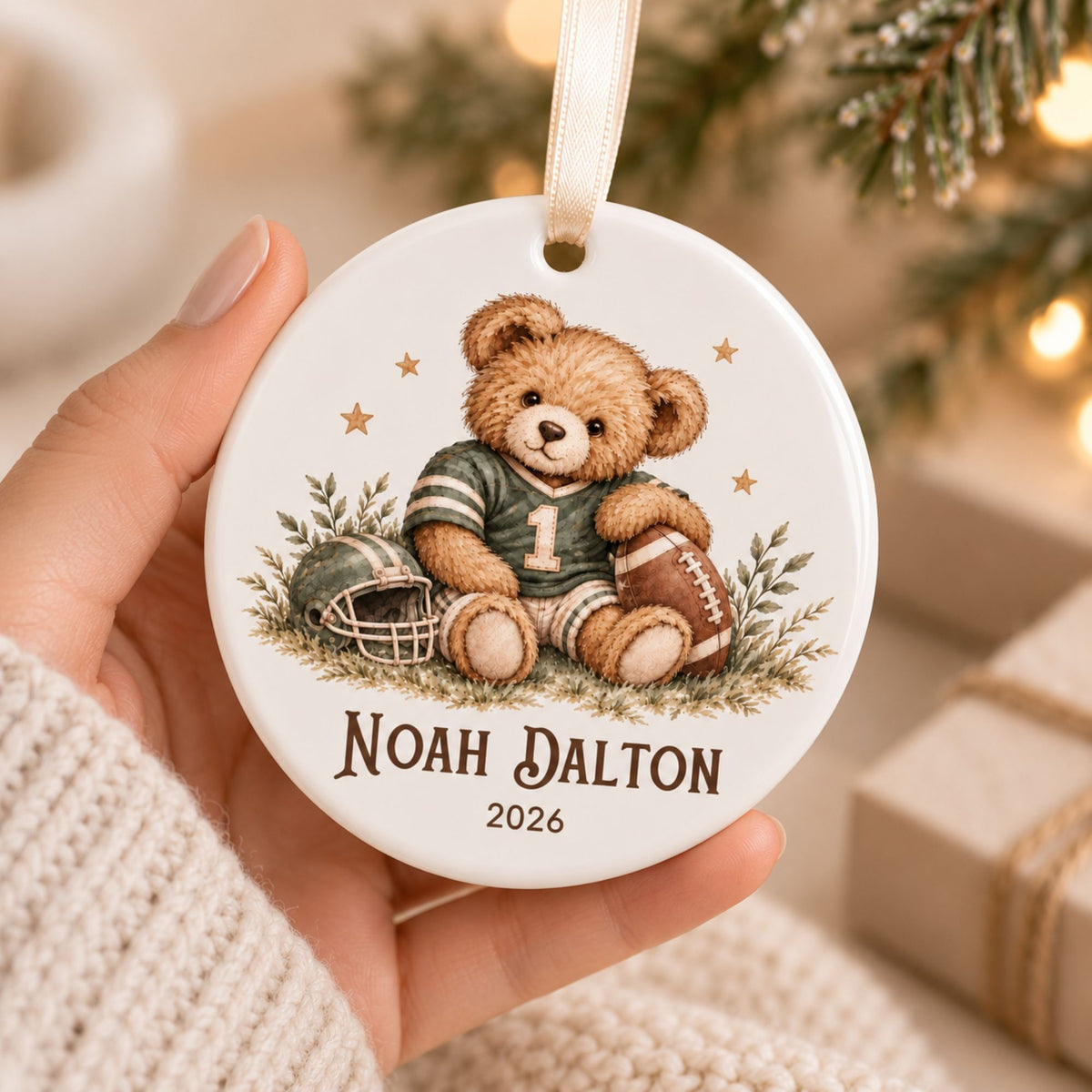 Personalized Football Christmas Ornament - Teddy Bear Player
