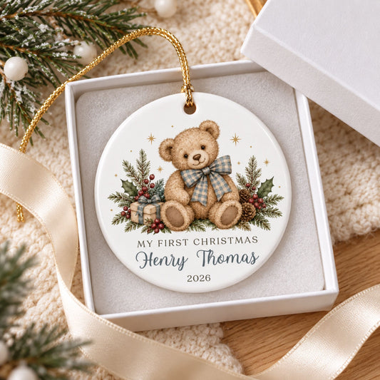 Baby Boy's First Christmas Ornament - Blue Gingham Teddy Bear