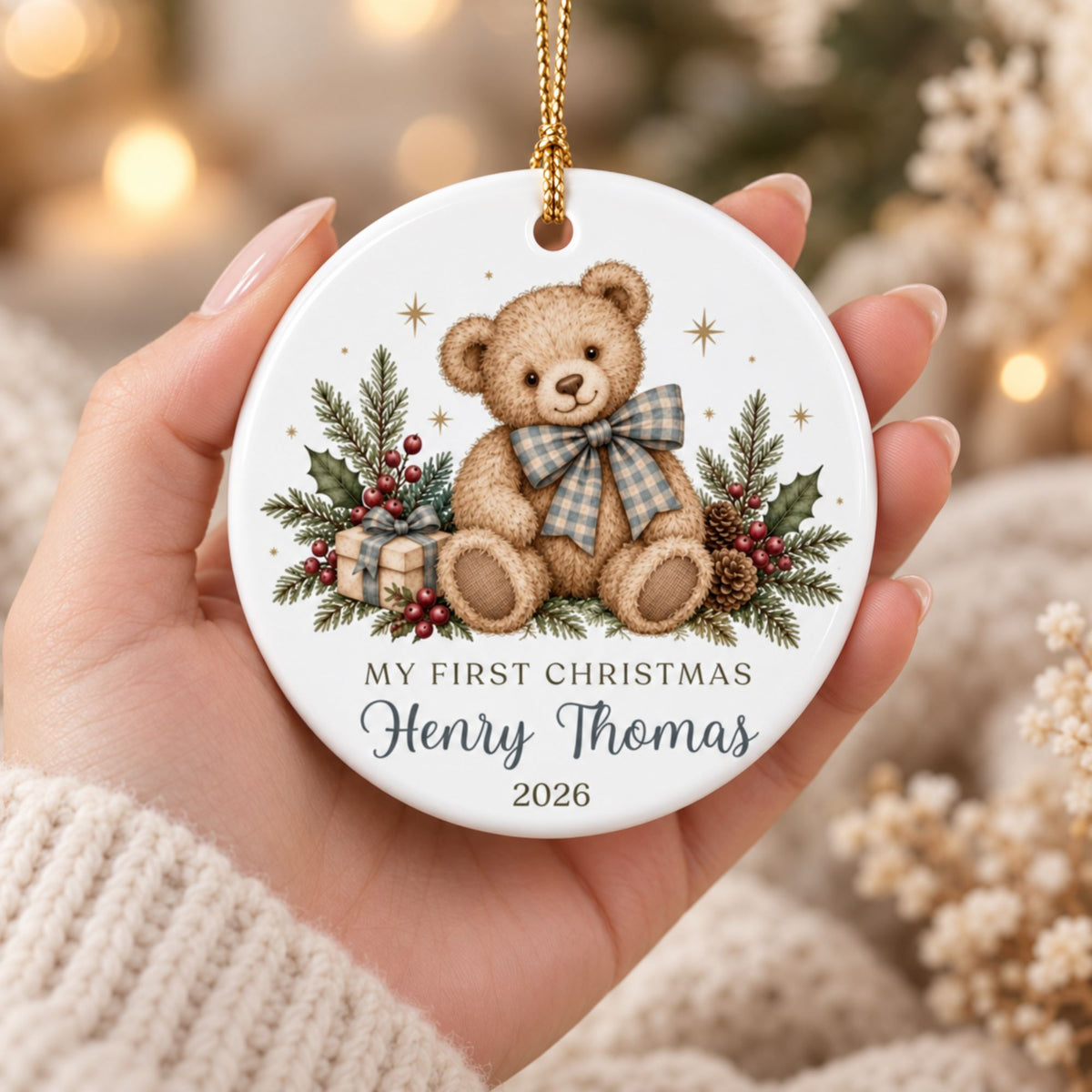 Baby Girl's First Christmas Ornament - Personalized Bow Teddy