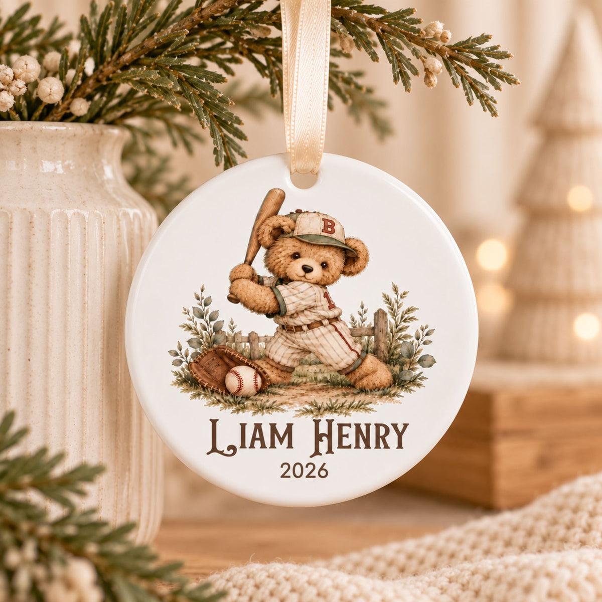 Personalized Baseball Christmas Ornament - Vintage Teddy Bear