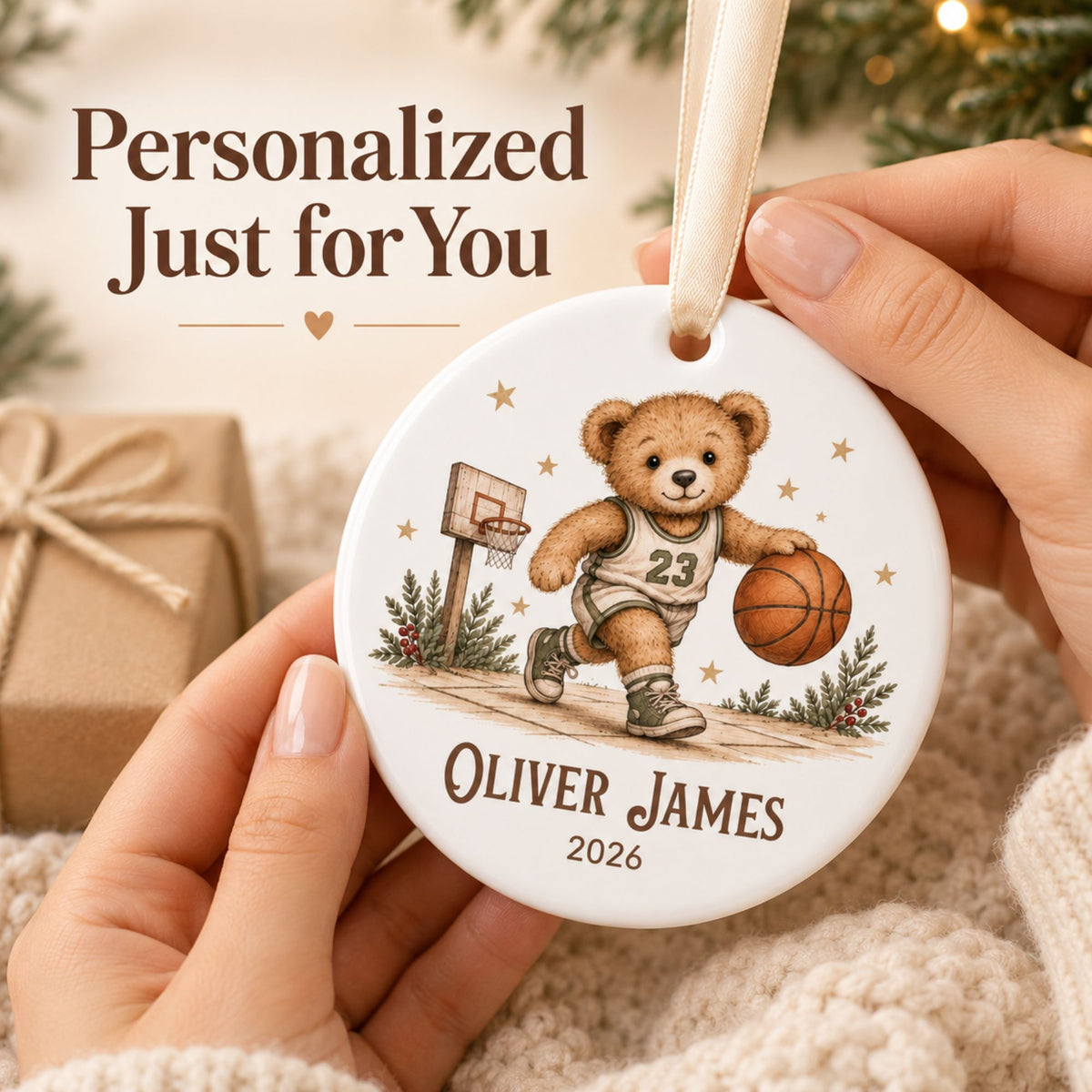 Personalized Basketball Christmas Ornament - Teddy Bear