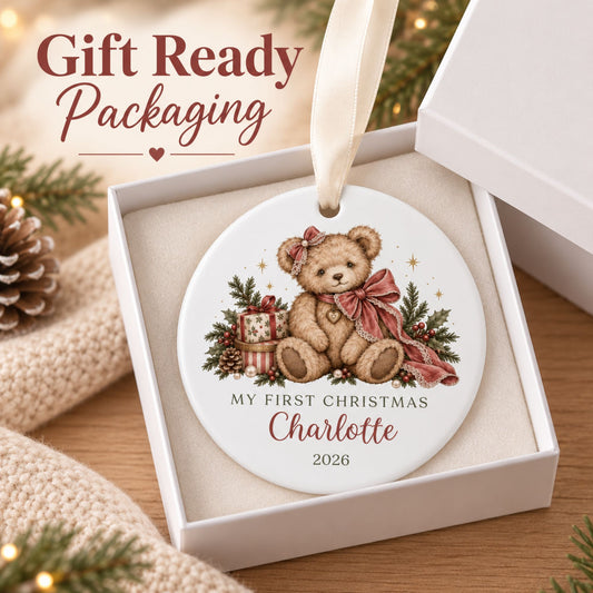 Baby Girl's First Christmas Ornament - Personalized Bow Teddy