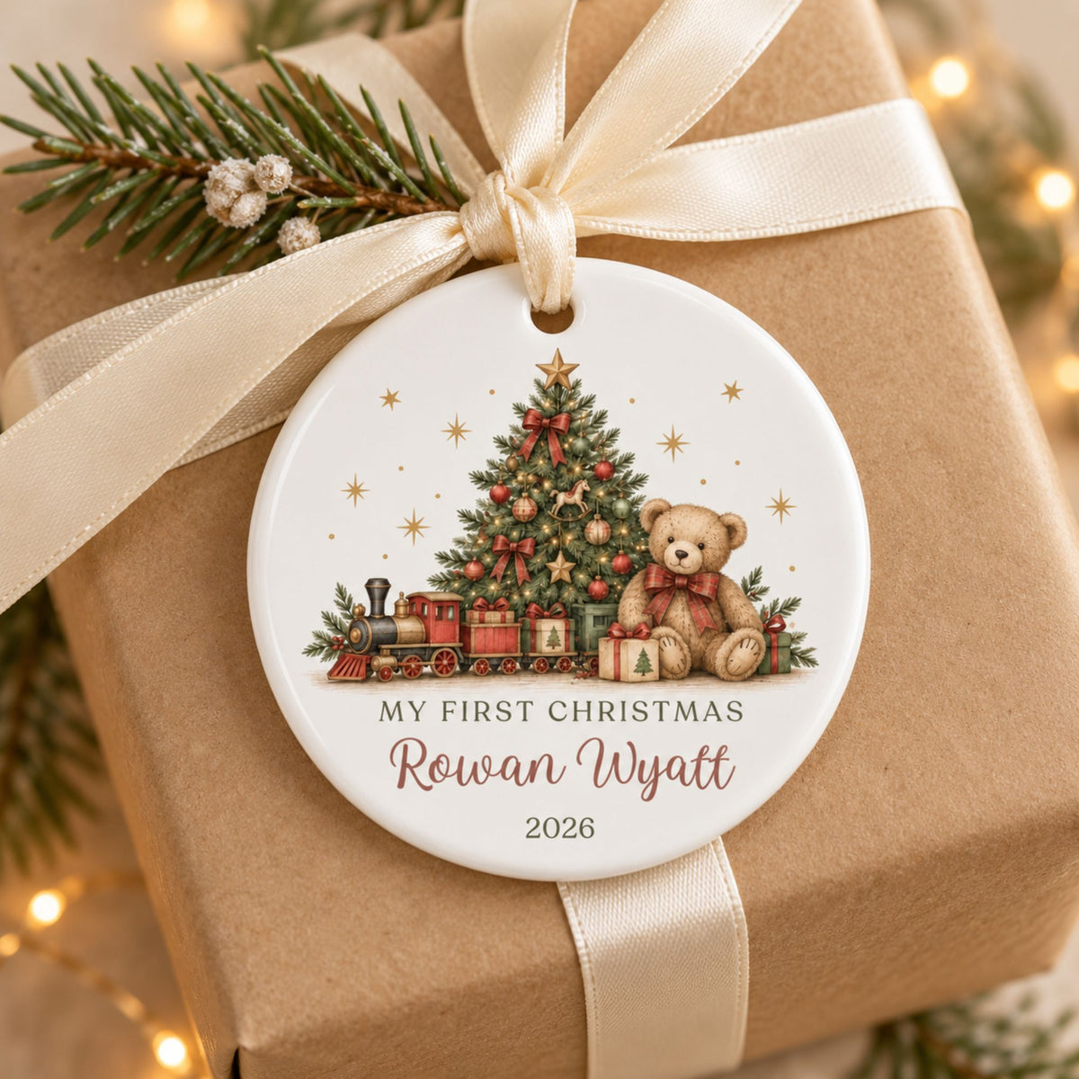 Personalized Baby's First Christmas Ornament - Teddy Bear Train