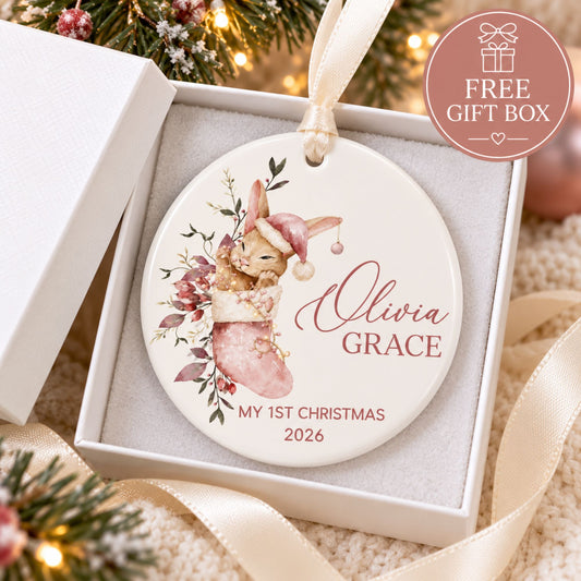 Baby Girl's First Christmas Ornament - Pink Stocking Bunny