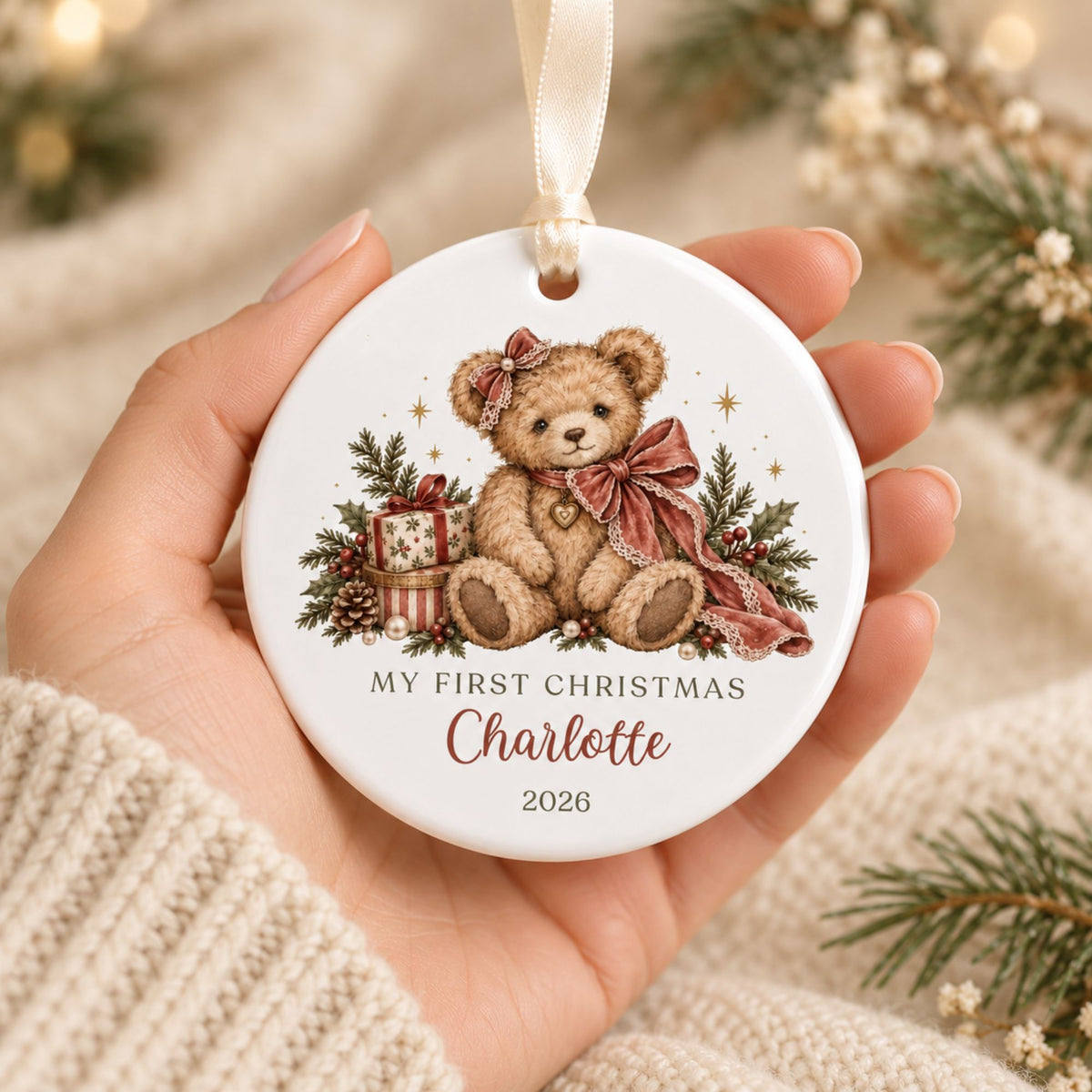 Baby Boy's First Christmas Ornament - Blue Gingham Teddy Bear