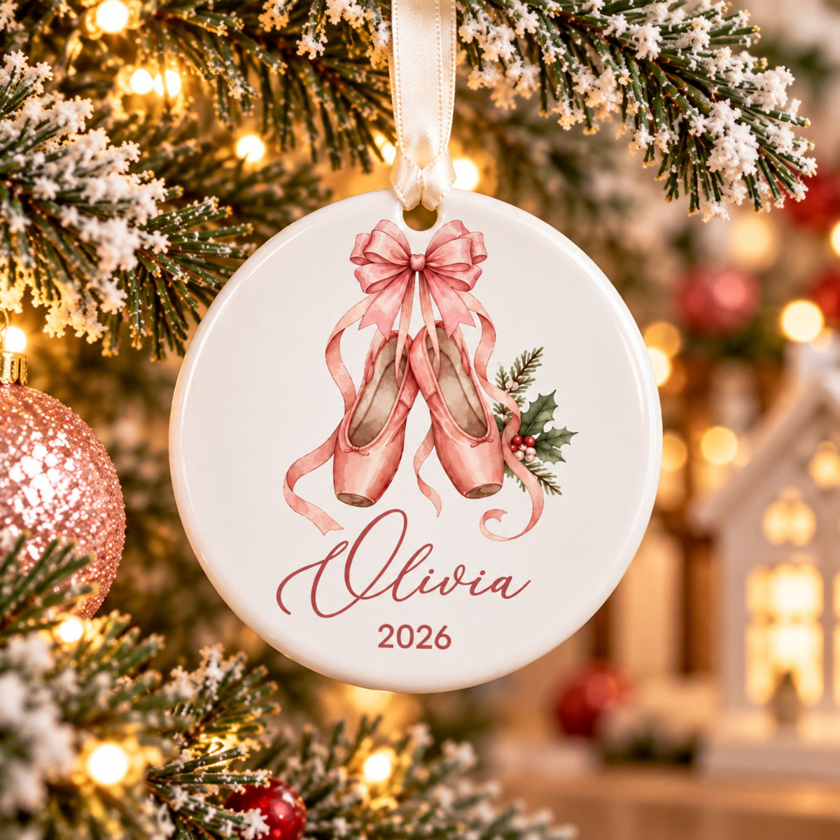Personalized Ballerina Christmas Ornament - Pink Ballet Shoes