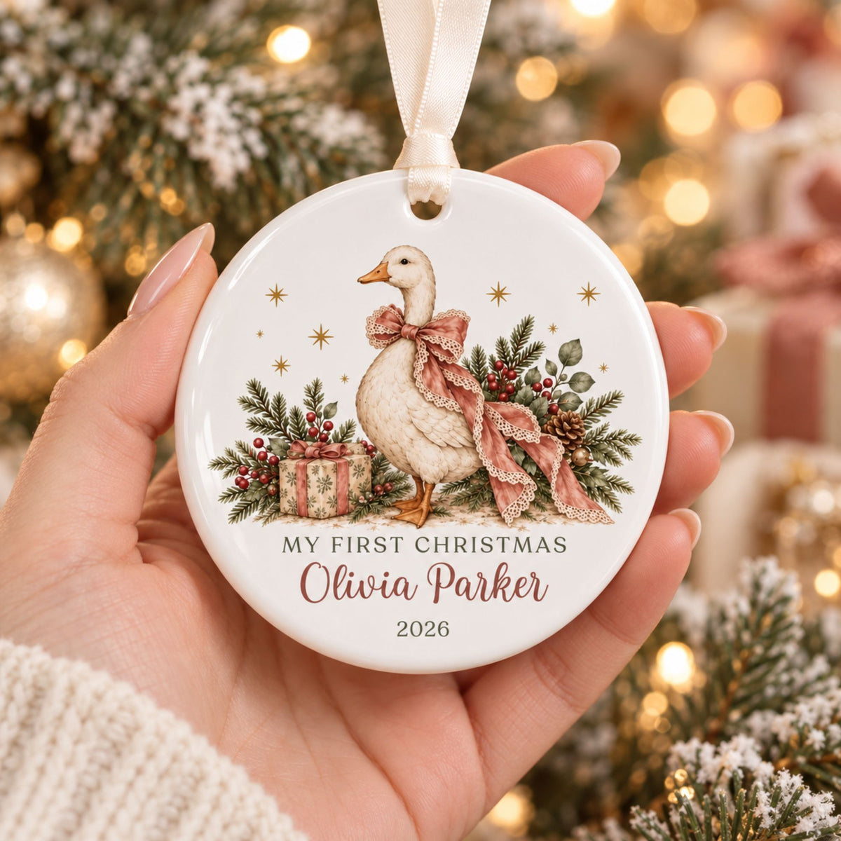 Baby Girl's First Christmas Ornament - Pink Bow Goose