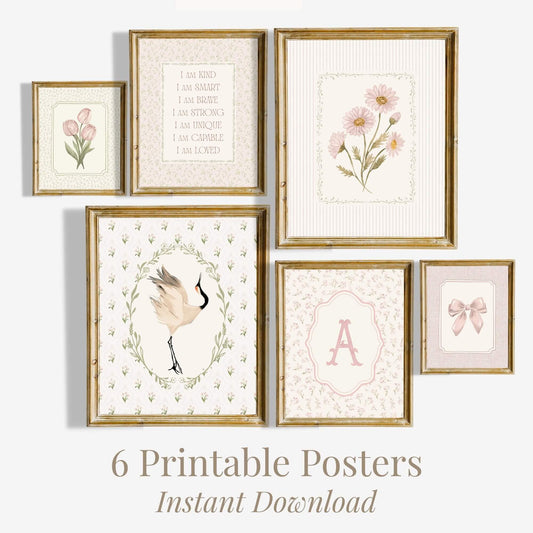 Pink Cottagecore Nursery Prints with Monogram, Set of 6 (Digital Download)