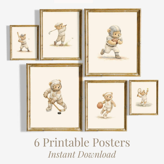Vintage Sports Bear Nursery Wall Art, Set of 6 (Digital Download)