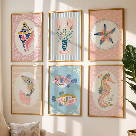 Pink Coastal Nursery Prints, Set of 6 (Digital Download)