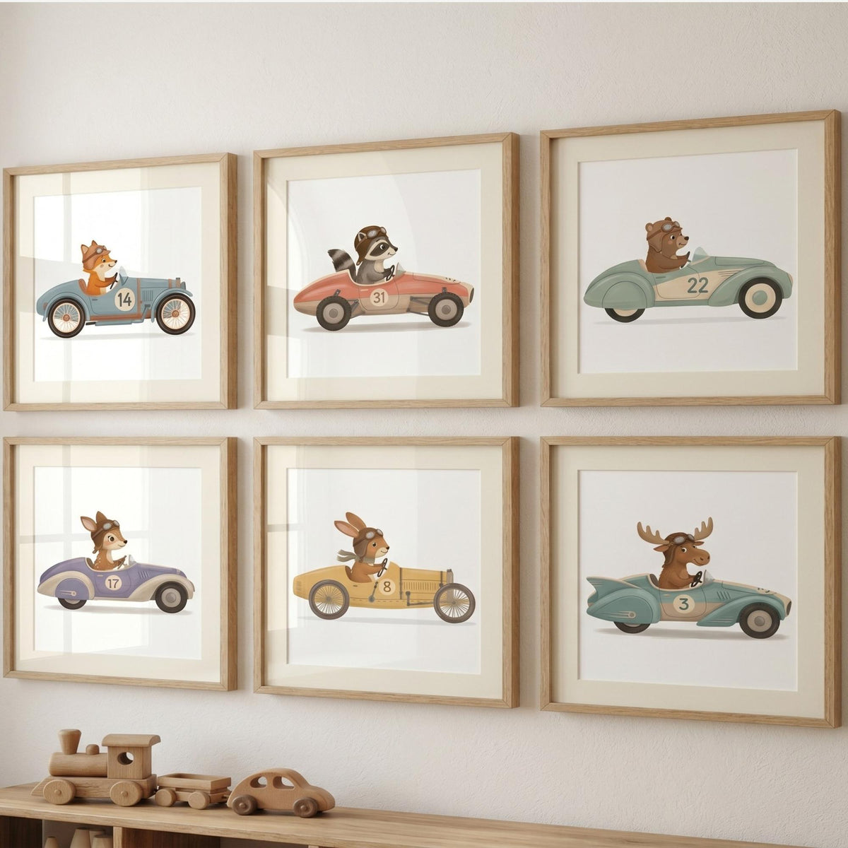 Animal Racing Car Nursery Prints, Set of 6 (Digital Download)