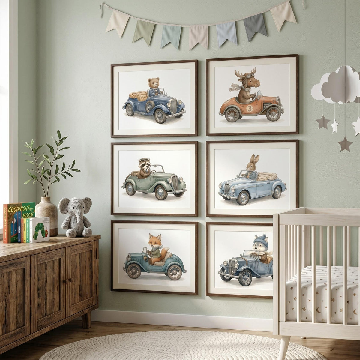 Retro Animal Car Prints with Wolf, Bear, Moose, Set of 6 (Digital Download)