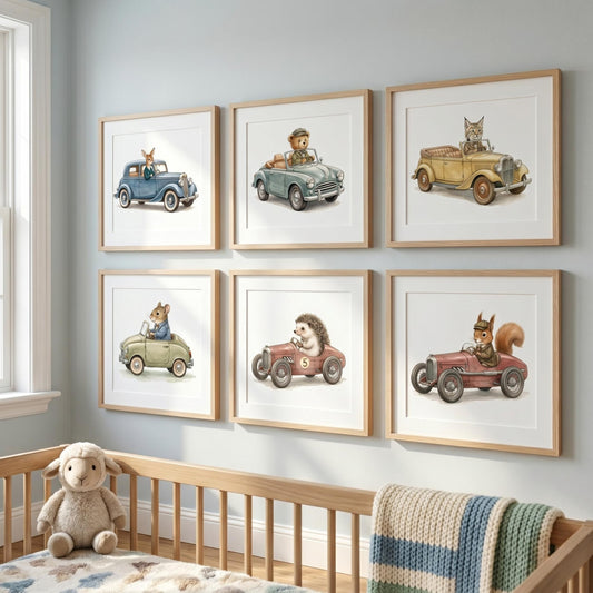 Woodland Animal Car Nursery Prints, Set of 6 (Digital Download)