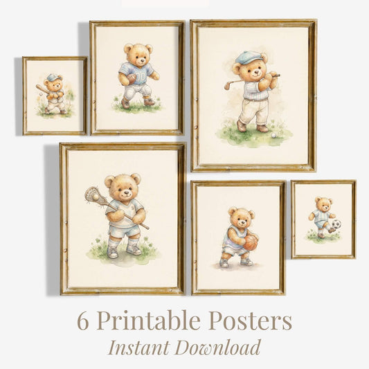 Watercolor Sports Teddy Bear Prints, Set of 6 (Digital Download)