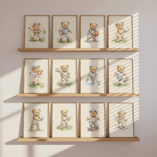 Sports Teddy Bear Nursery Prints, Set of 12 (Digital Download)