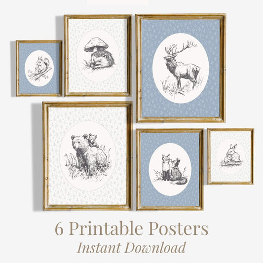 Blue Woodland Animal Nursery Prints, Set of 6 (Digital Download)