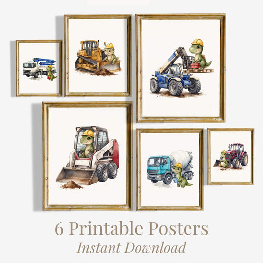 Dinosaur Construction Prints with Tractor, Set of 6 (Digital Download)