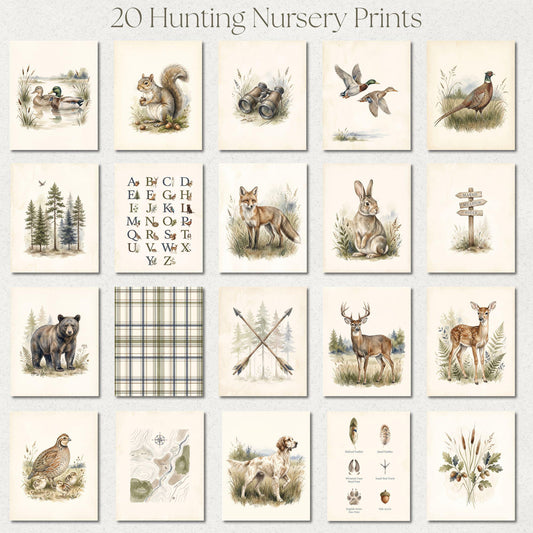 Vintage Hunting Nursery Prints, Set of 20 (Digital Download)