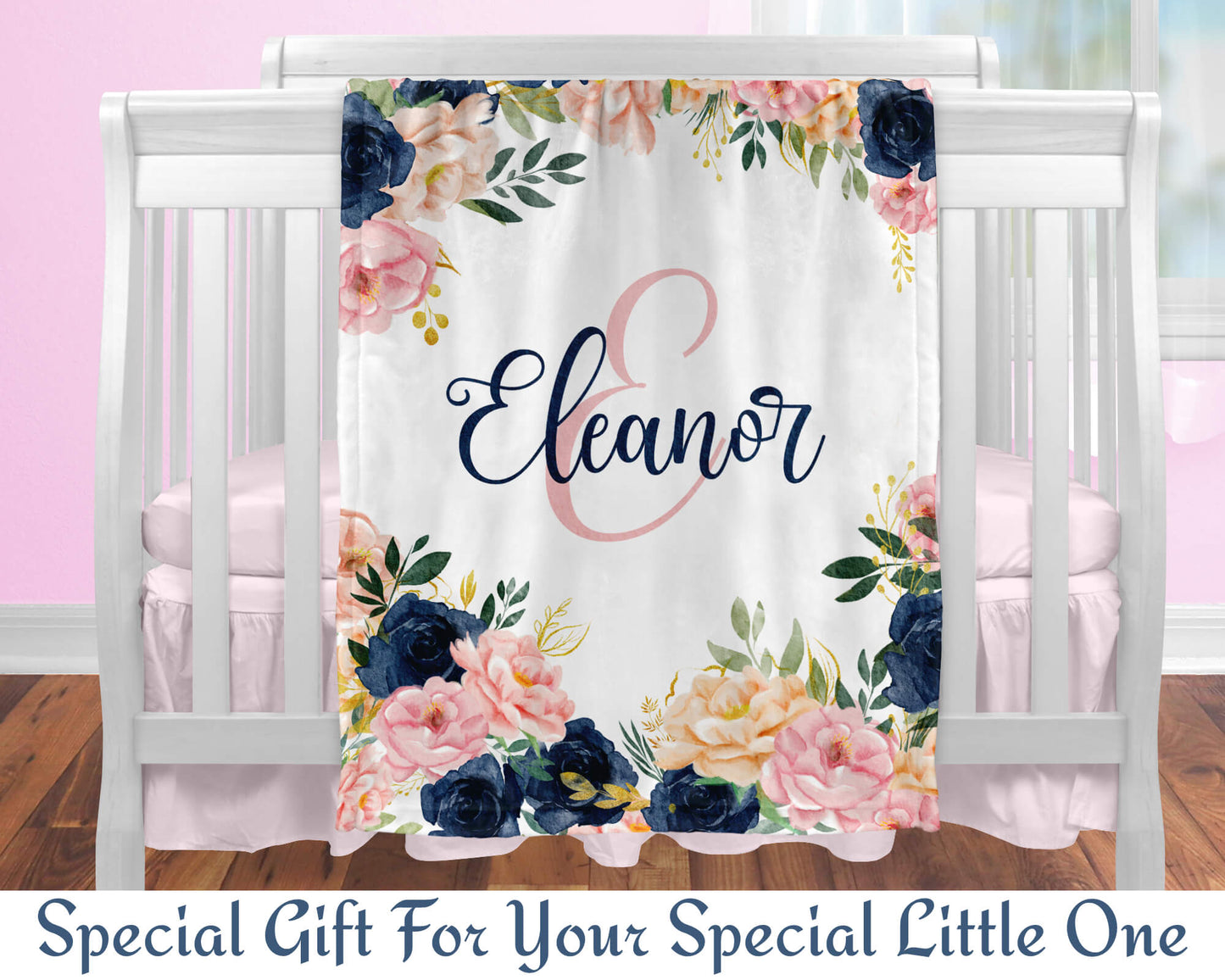 Custom Monogrammed Floral Blanket for Girls, Pink & Navy Blue