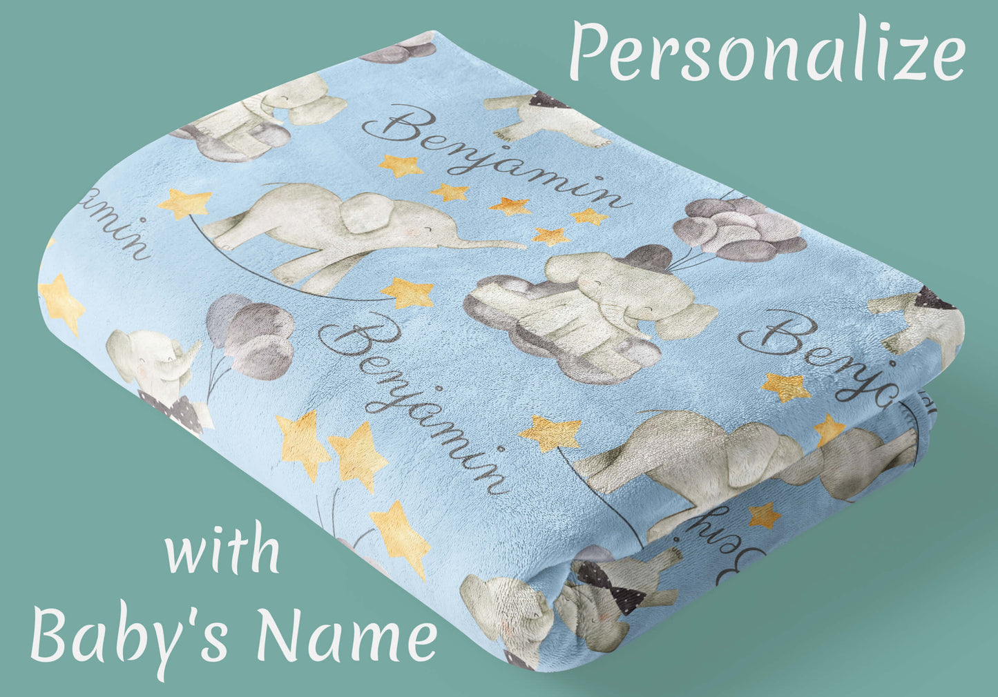 Custom Baby Boy Blanket with Elephants and Balloons, Blue