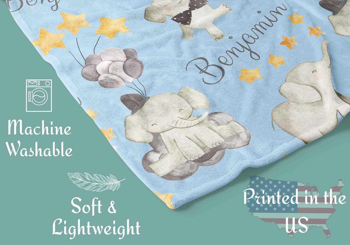 Custom Baby Boy Blanket with Elephants and Balloons, Blue