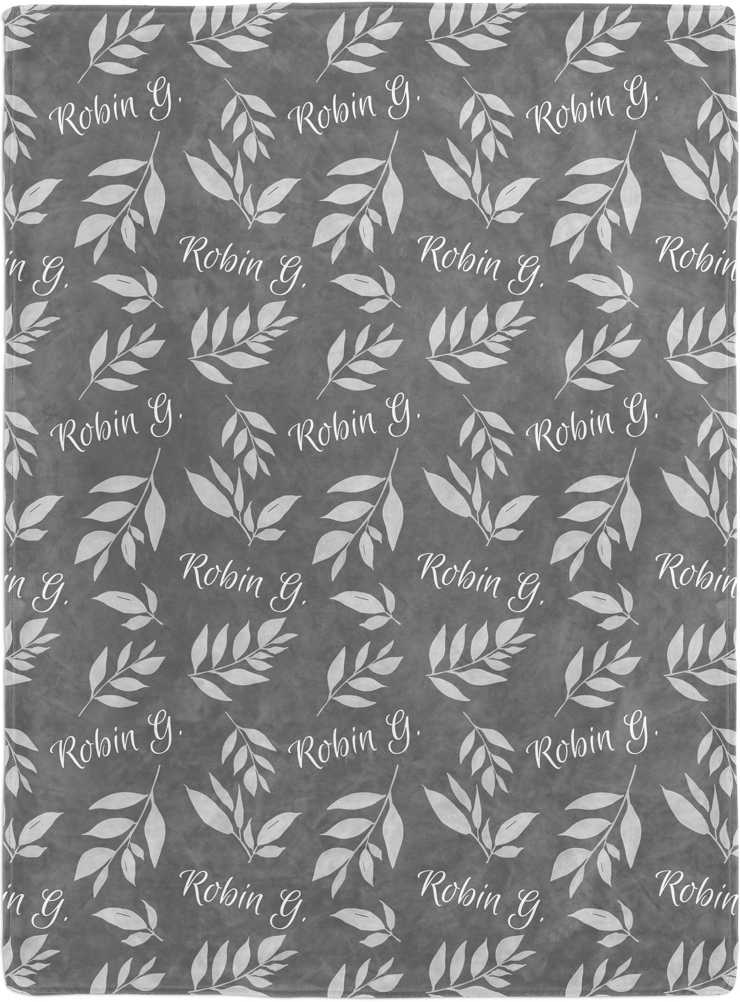Custom Baby Throw Blanket with Name and Leaves on a Gray Background