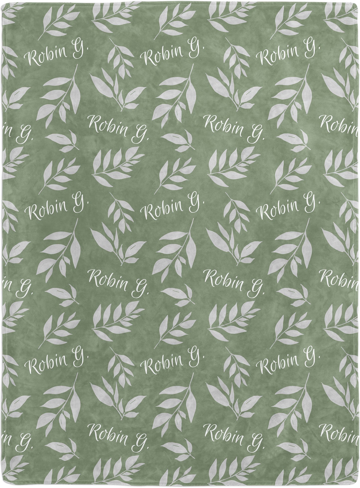 Custom Throw Blanket with Name and Leaves on a Sage Background