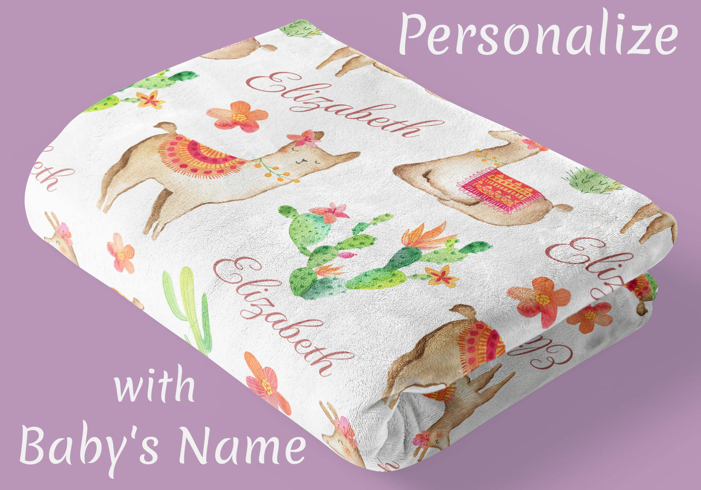 Personalized Baby Blanket with Llamas, Cactus and Name