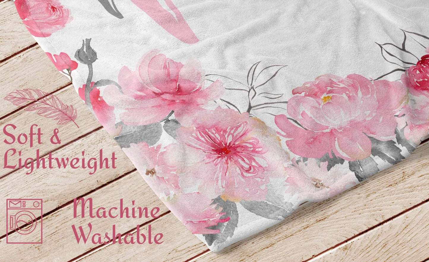 Personalized Floral Baby Girl Blanket with Name, Pink and Gray Flowers