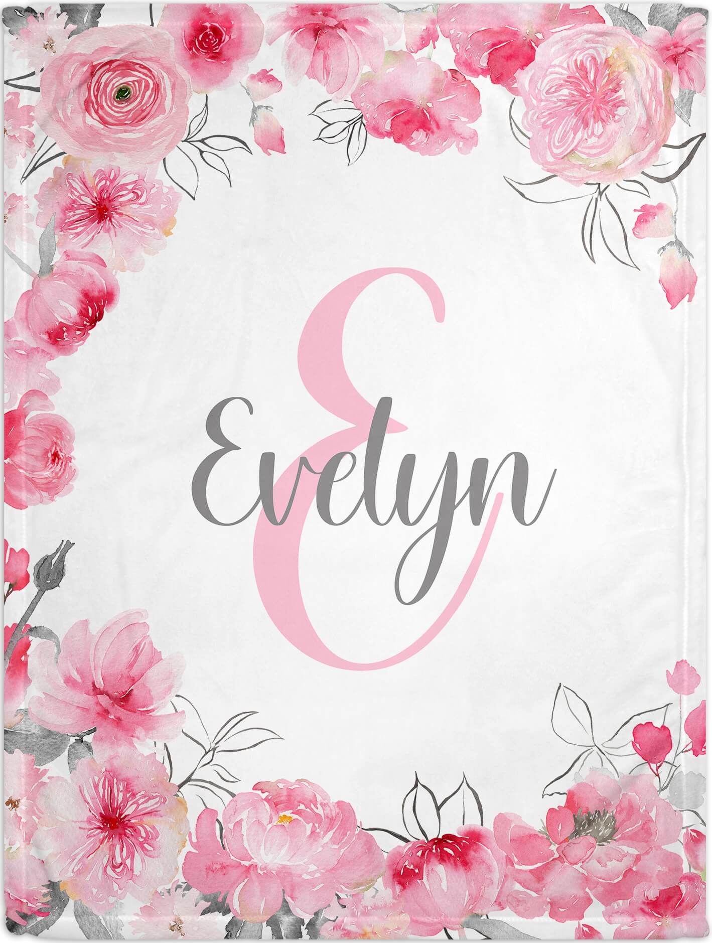 Personalized Floral Baby Girl Blanket with Name, Pink and Gray Flowers