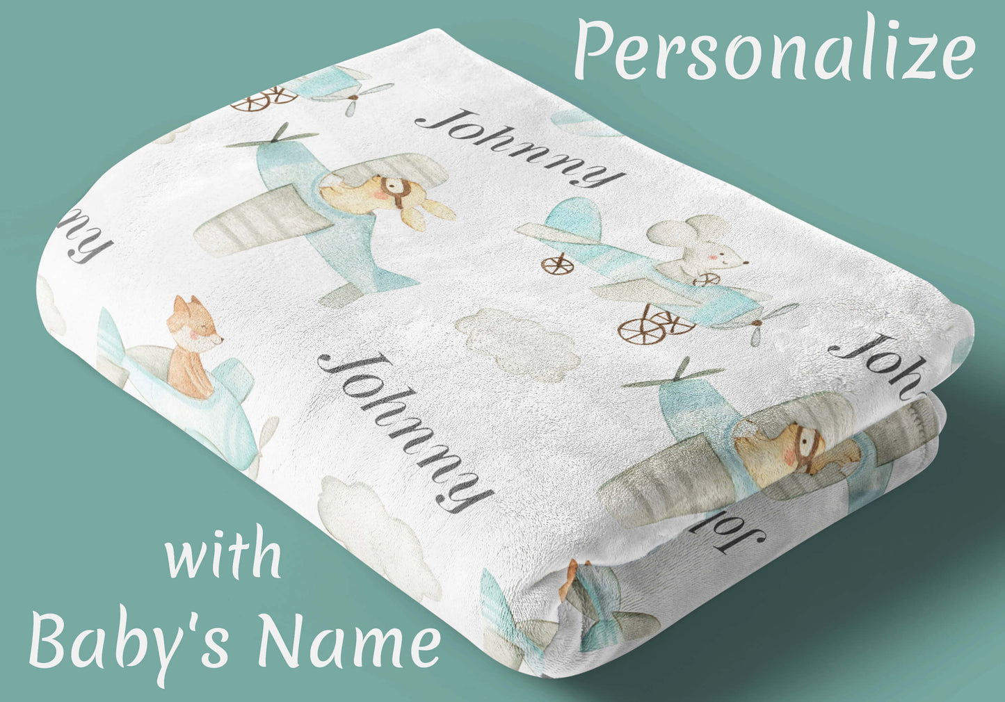 Custom Baby Name Blanket with Planes, Mouse, Rabbit and Fox