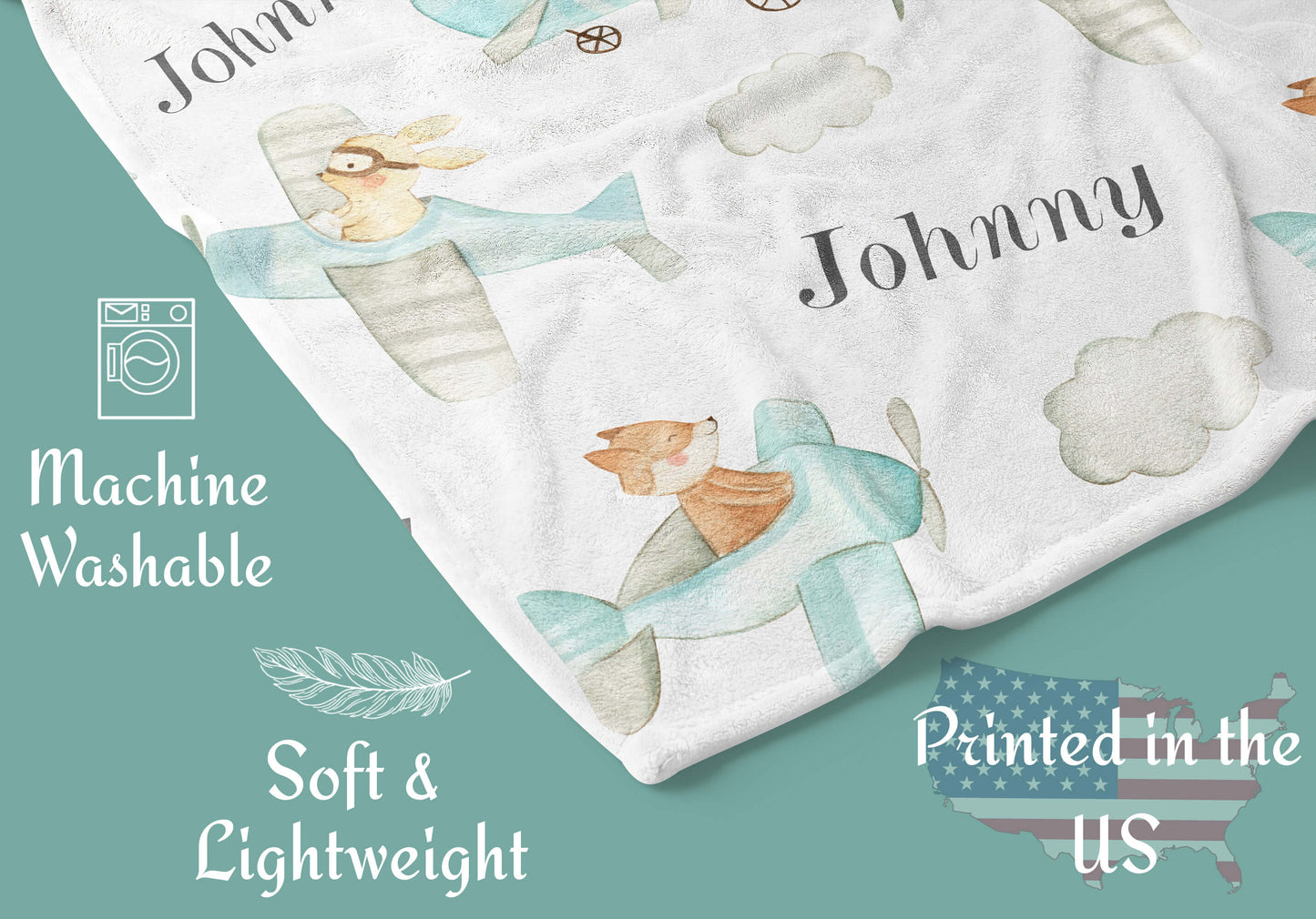Custom Baby Name Blanket with Planes, Mouse, Rabbit and Fox