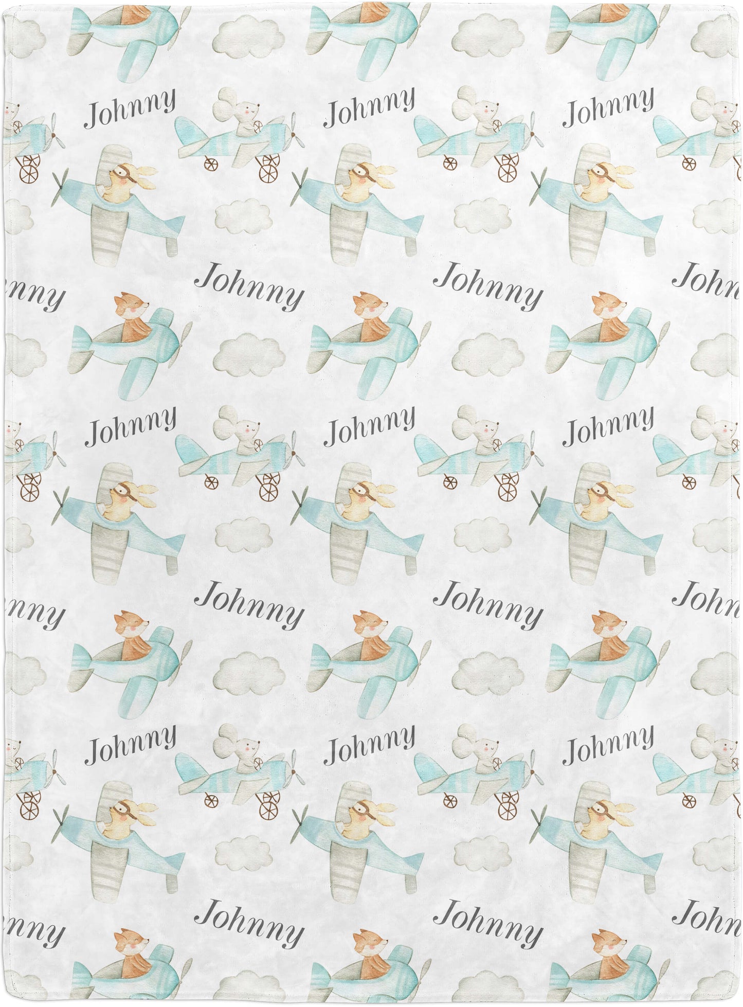 Custom Baby Name Blanket with Planes, Mouse, Rabbit and Fox