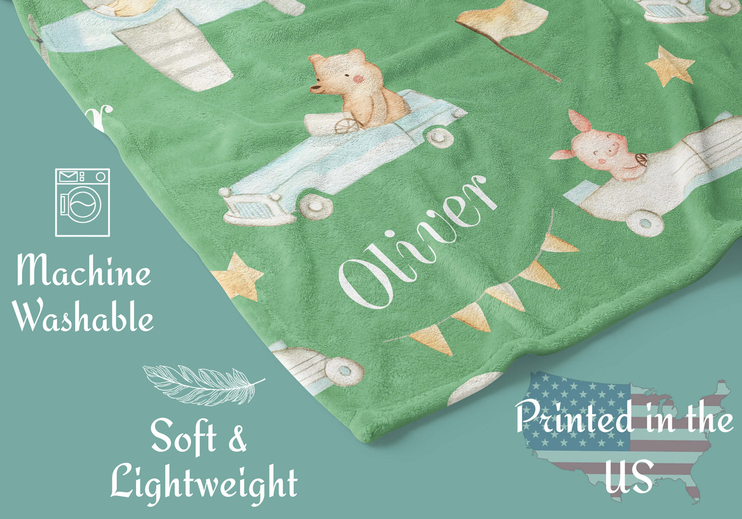 Cars and Planes - Personalized Blanket for Boys with Name and Animals, Sage Green