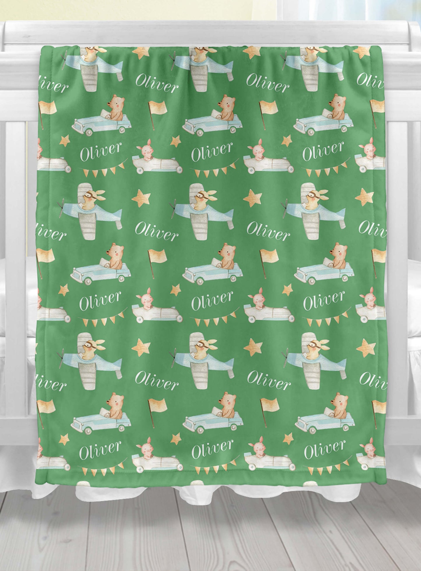 Cars and Planes - Personalized Blanket for Boys with Name and Animals, Sage Green