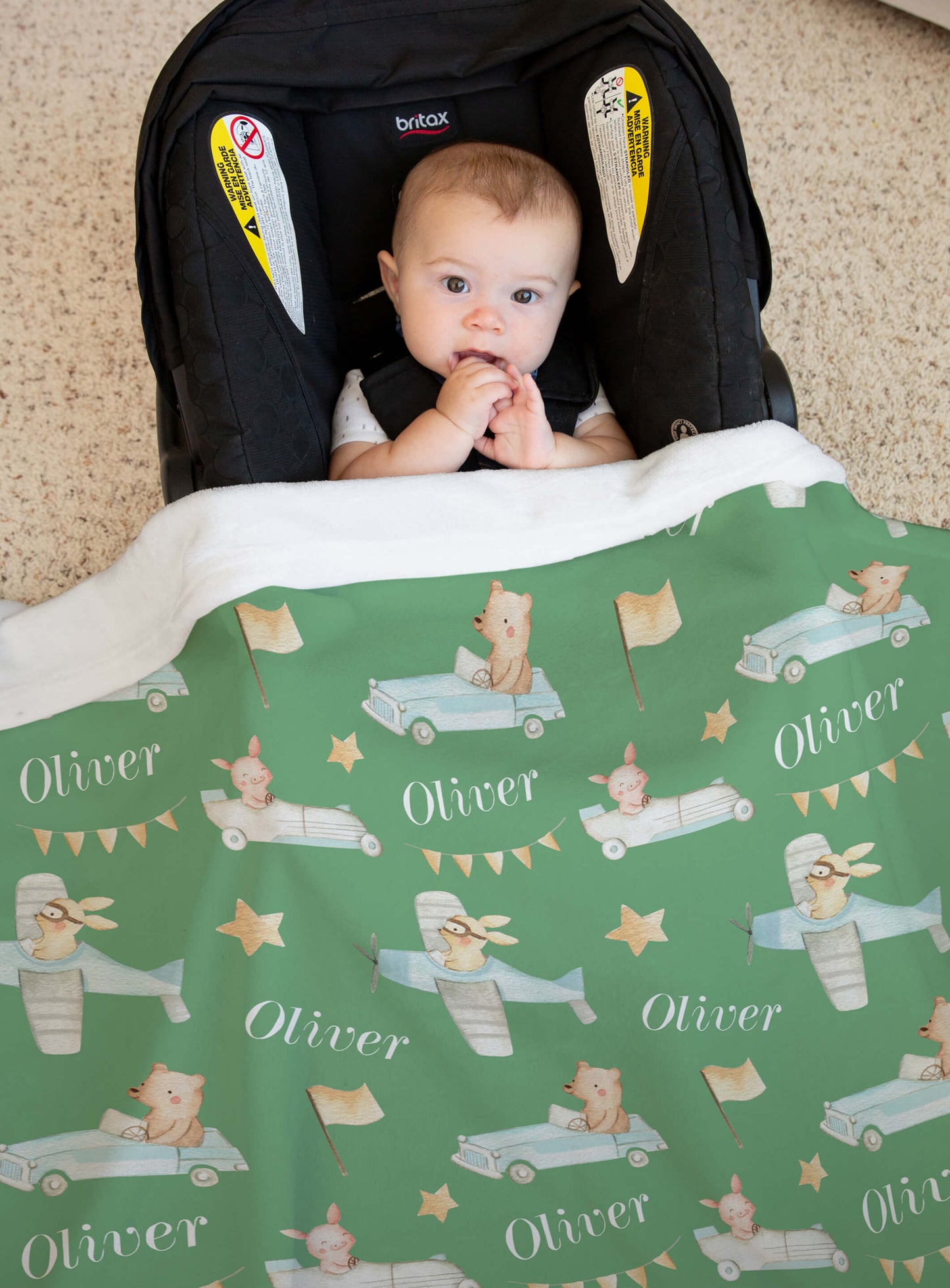 Cars and Planes - Personalized Blanket for Boys with Name and Animals, Sage Green