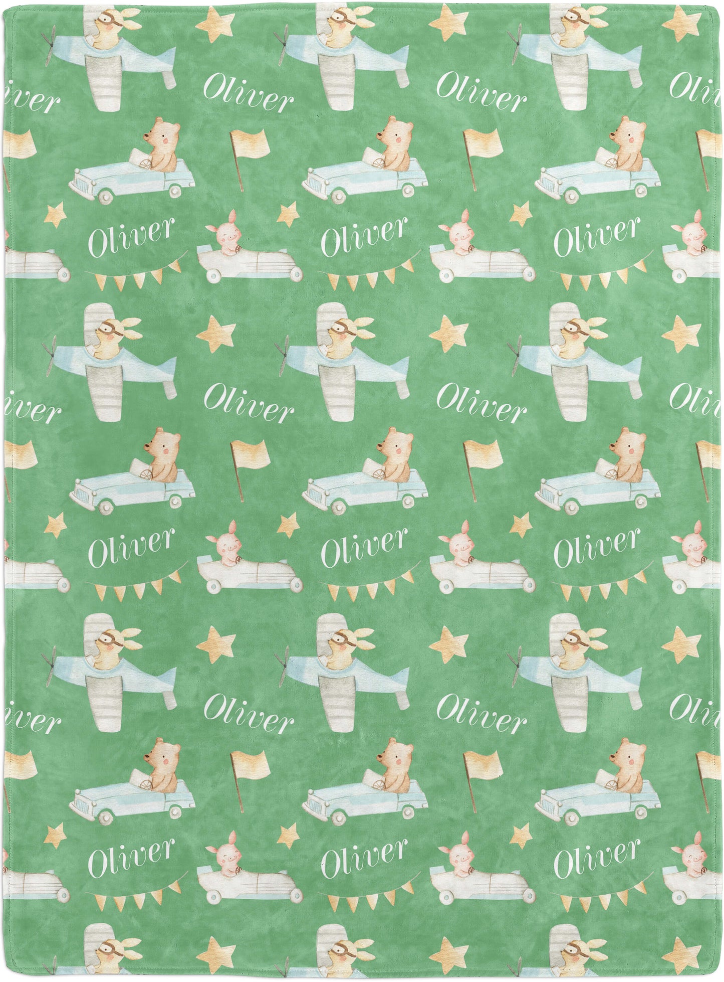 Cars and Planes - Personalized Blanket for Boys with Name and Animals, Sage Green
