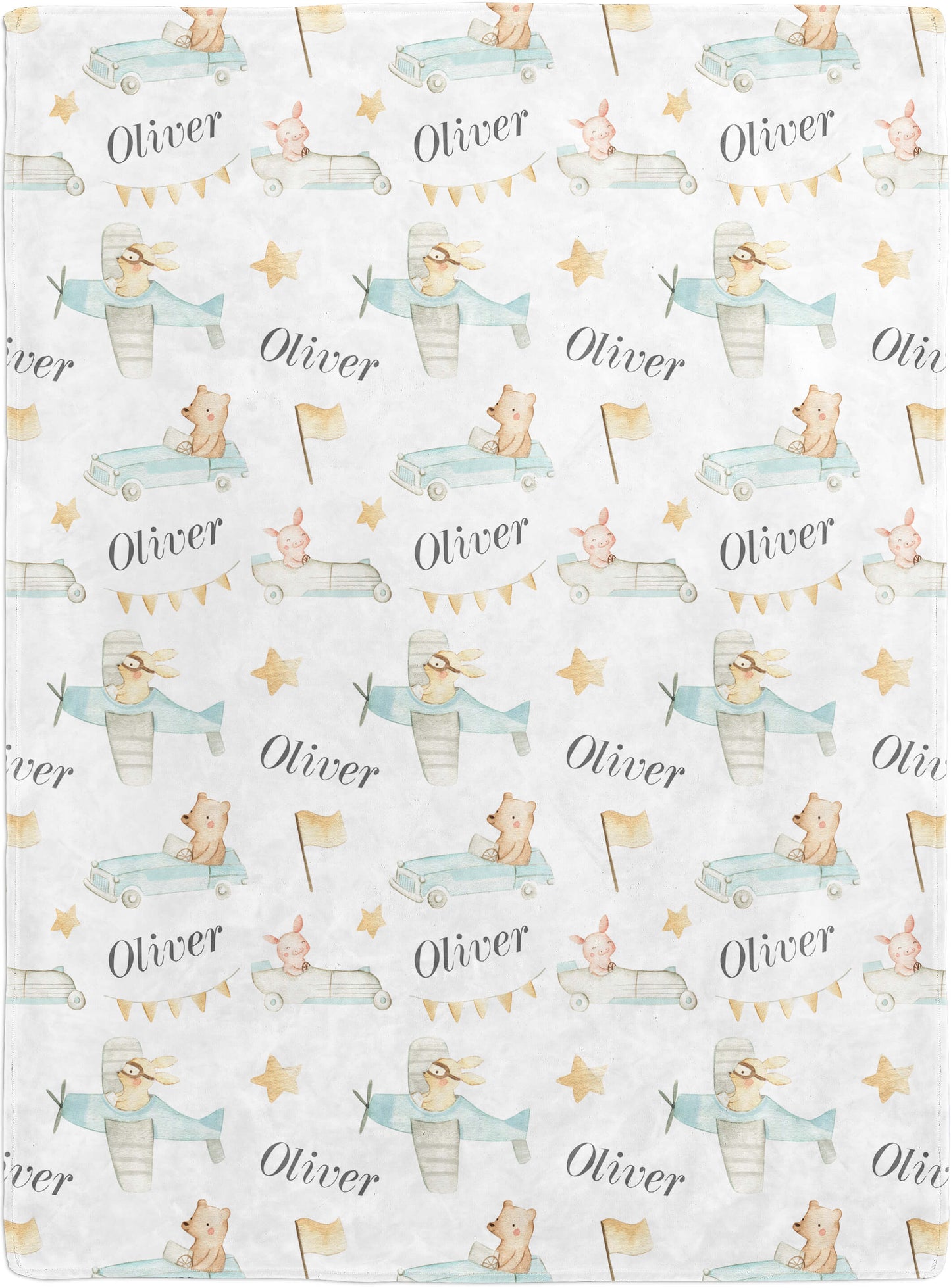 Retro Cars and Planes - Personalized Baby Blanket with Animals