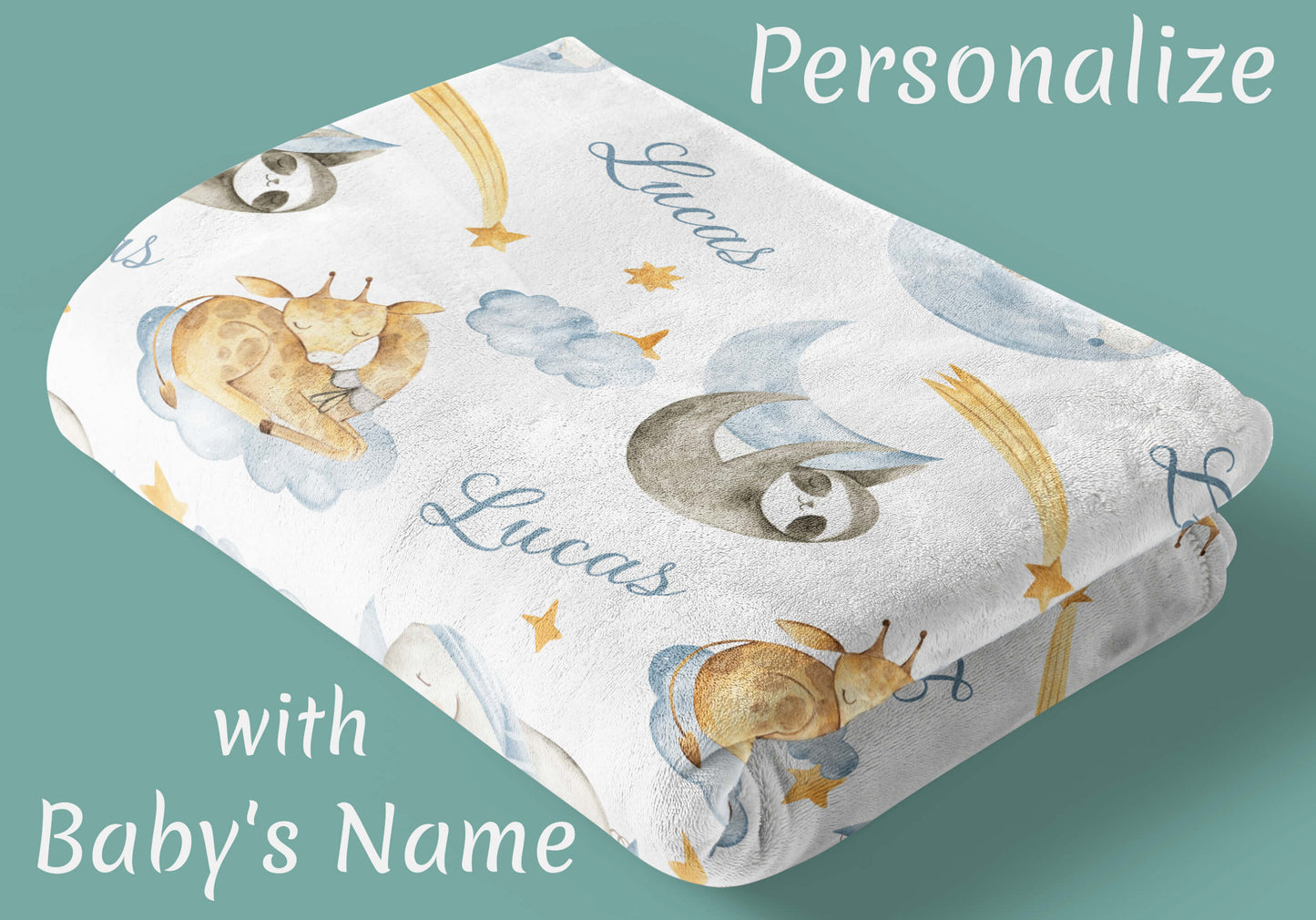 Sleeping Animals - Custom Name Blanket for Boys with Elephant and Giraffe, Baby Blue