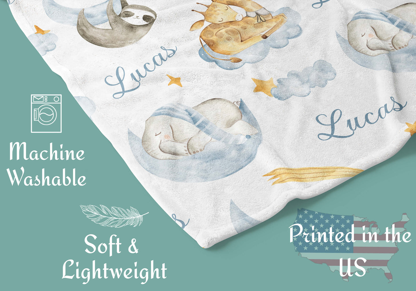 Sleeping Animals - Custom Name Blanket for Boys with Elephant and Giraffe, Baby Blue