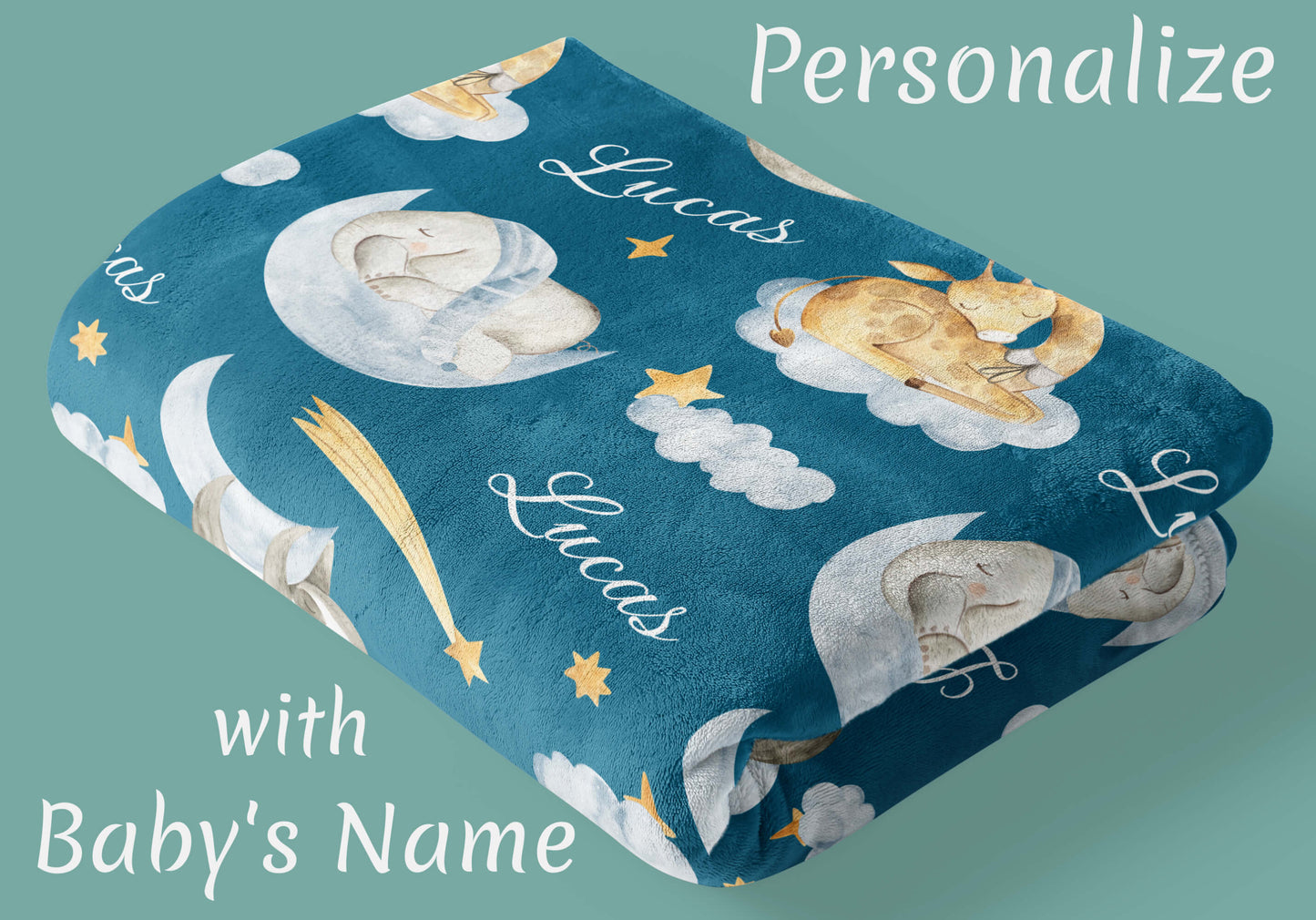 Sleeping Animals - Personalized Baby Name Blanket for Boys with Elephant and Giraffe