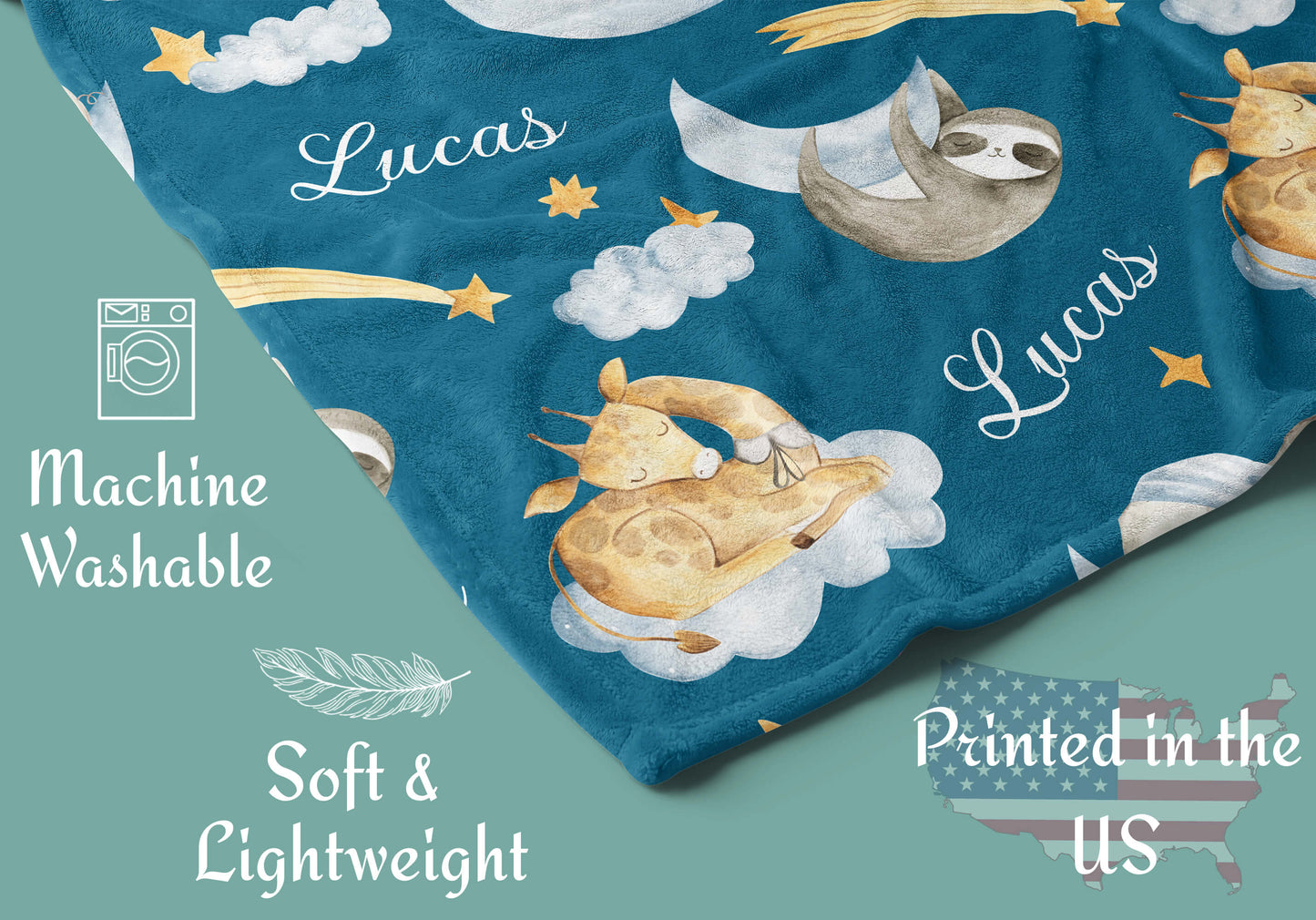 Sleeping Animals - Personalized Baby Name Blanket for Boys with Elephant and Giraffe