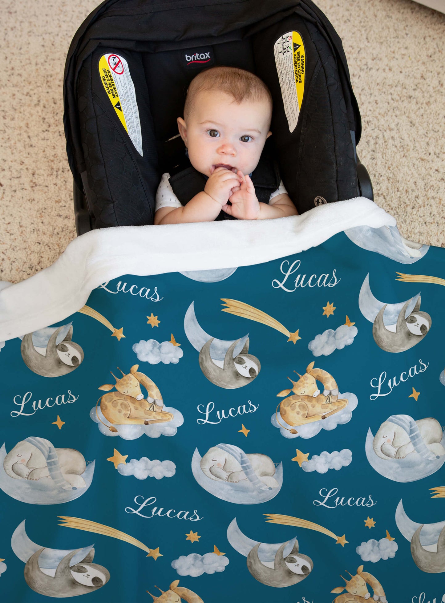 Sleeping Animals - Personalized Baby Name Blanket for Boys with Elephant and Giraffe