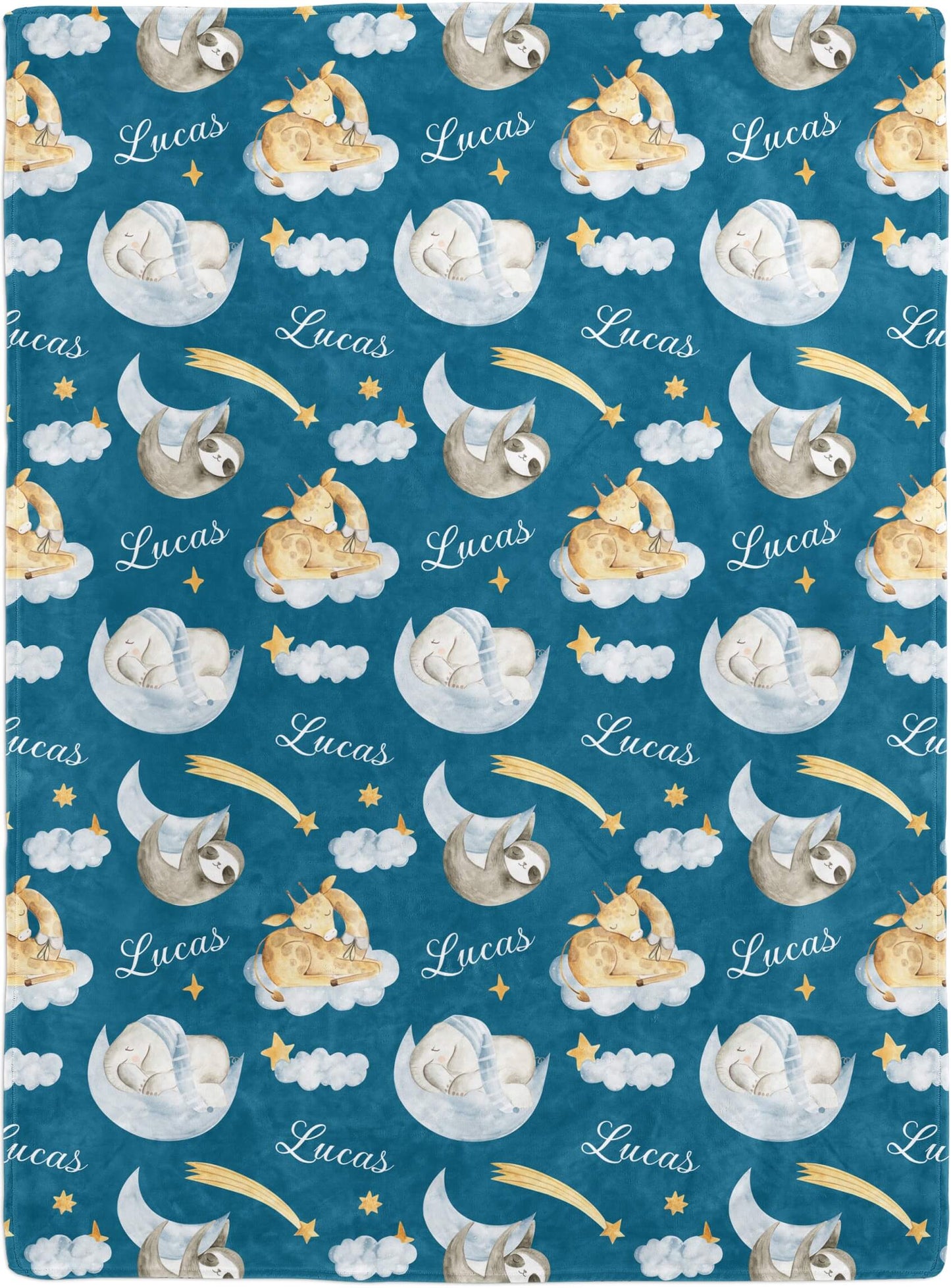 Sleeping Animals - Personalized Baby Name Blanket for Boys with Elephant and Giraffe