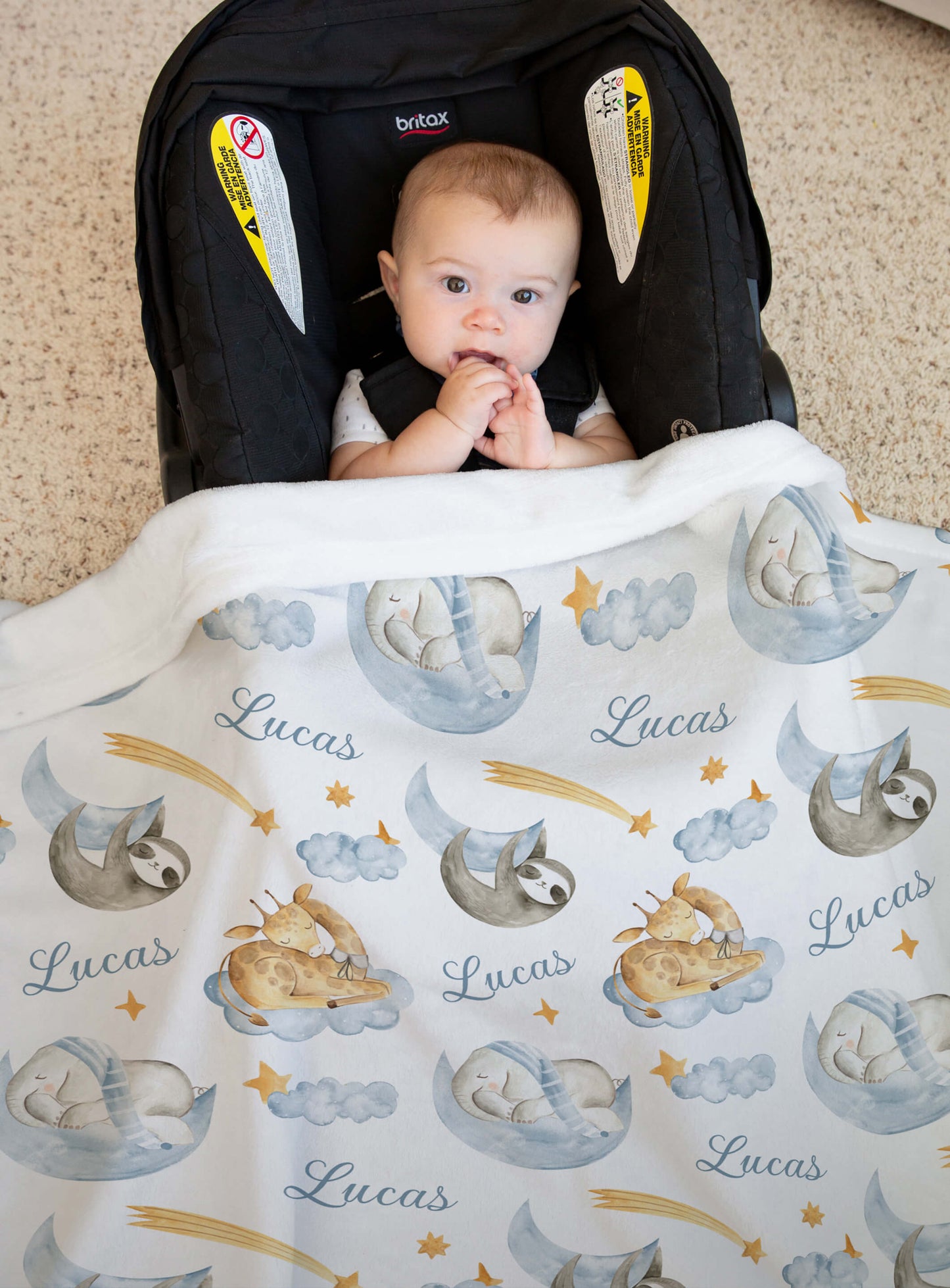 Sleeping Animals - Custom Name Blanket for Boys with Elephant and Giraffe, Baby Blue