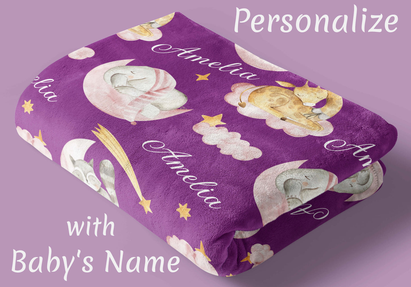 Sleeping Animals - Custom Baby Name Blanket for Girls with Elephant and Giraffe, Purple