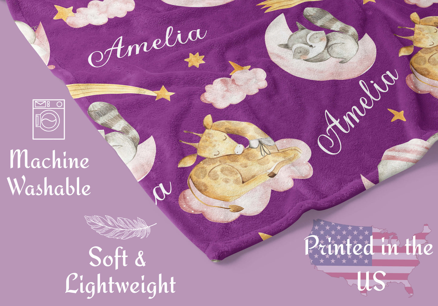 Sleeping Animals - Custom Baby Name Blanket for Girls with Elephant and Giraffe, Purple