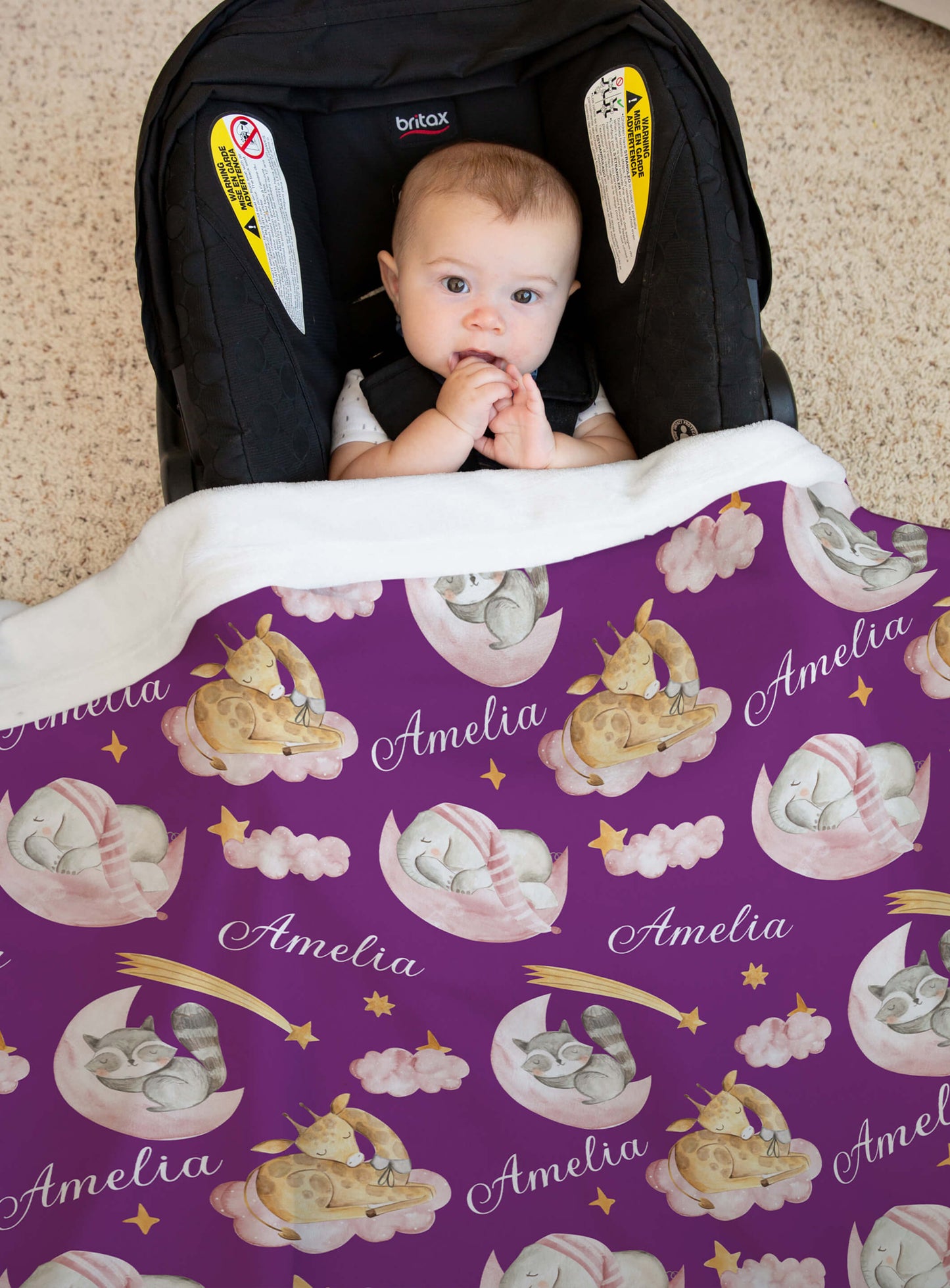 Sleeping Animals - Custom Baby Name Blanket for Girls with Elephant and Giraffe, Purple