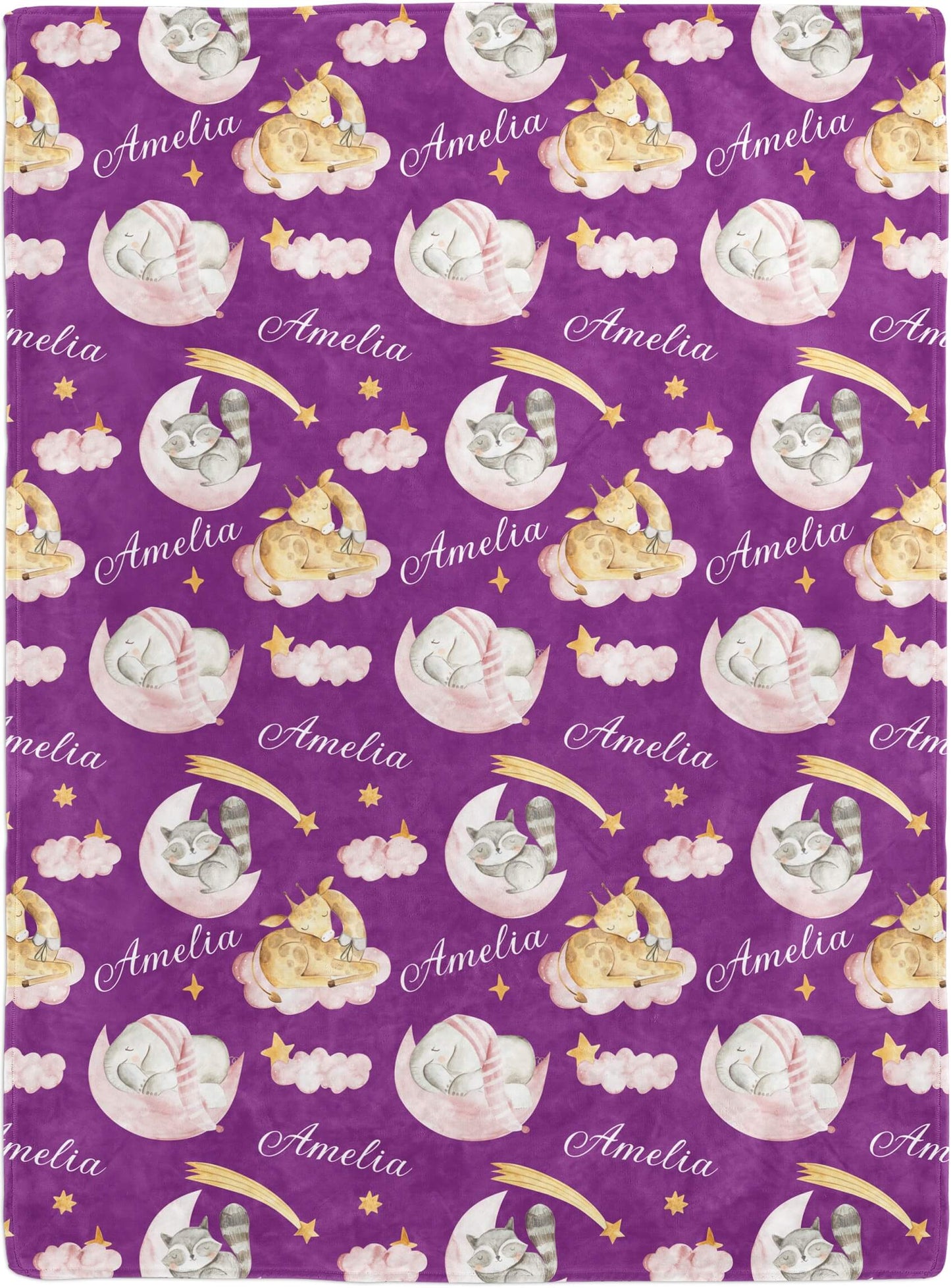 Sleeping Animals - Custom Baby Name Blanket for Girls with Elephant and Giraffe, Purple