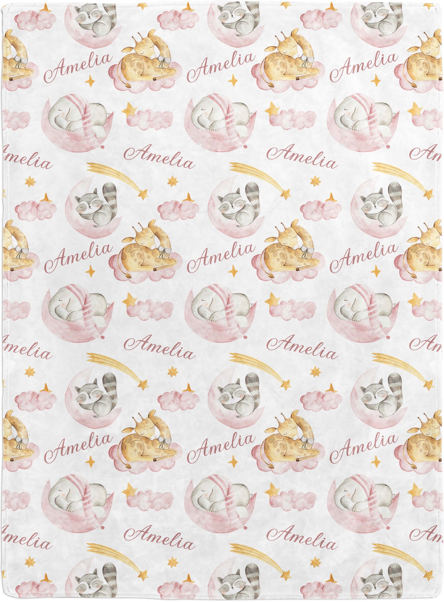 Sleeping Animals - Personalized Name Blanket for Girls with Elephant and Giraffe, Baby Pink